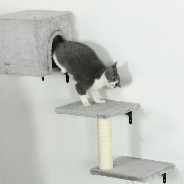 PawHut 6-Piece Cat Wall Shelves Set with Condo, Cat Wall Furniture with Platforms, Sisal Scratching Post, Bed, Toy Ball, Grey