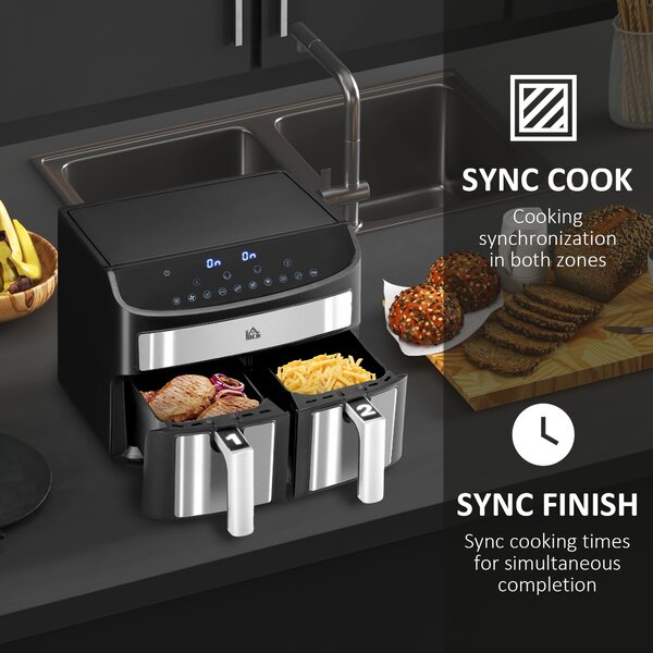 HOMCOM 8L Air Fryer Dual Zone with Presets 10-in-1 Sync Cook Sync Finish 60-Minute Timer Oil Free Low Fat Cooking 2400W Aosom UK
