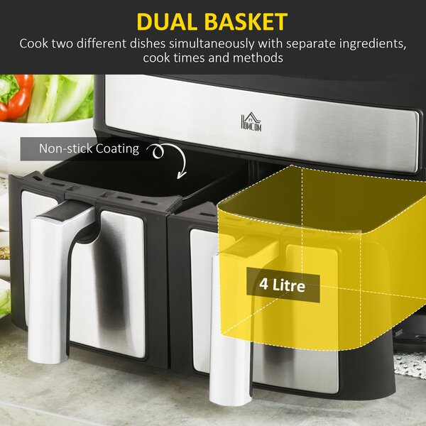 HOMCOM 8L Air Fryer Dual Zone with Presets 10-in-1 Sync Cook Sync Finish 60-Minute Timer Oil Free Low Fat Cooking 2400W Aosom UK
