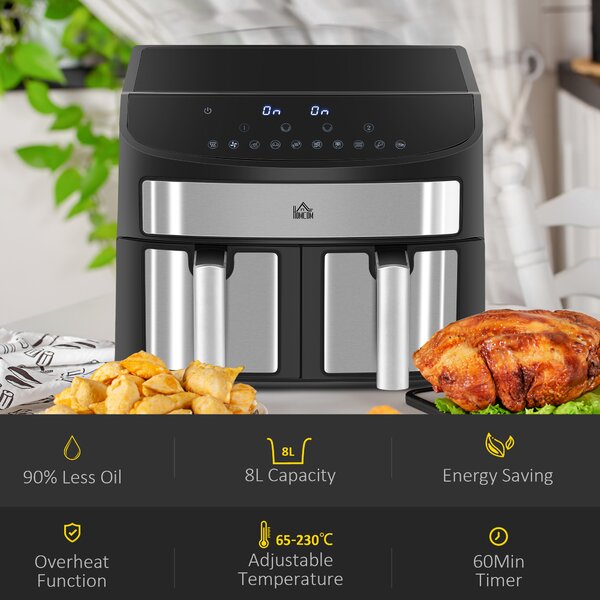 HOMCOM 8L Air Fryer Dual Zone with Presets 10-in-1 Sync Cook Sync Finish 60-Minute Timer Oil Free Low Fat Cooking 2400W Aosom UK