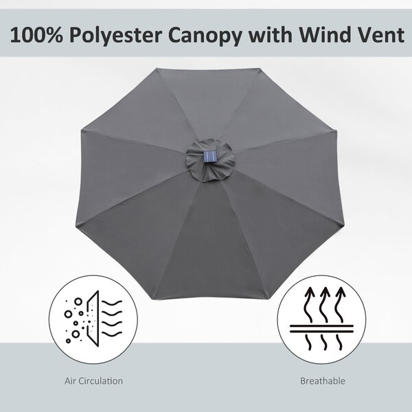 Outsunny 2.7m Garden Parasol Sun Umbrella Patio Summer Shelter w/ LED Solar Light, Angled Canopy Vent, Crank Tilt, Grey Aosom UK