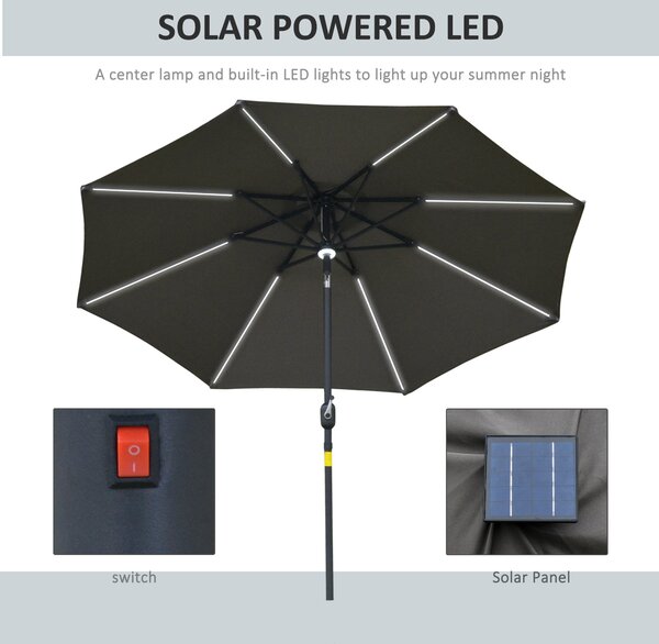 Outsunny 2.7m Garden Parasol Sun Umbrella Patio Summer Shelter w/ LED Solar Light, Angled Canopy Vent, Crank Tilt, Grey Aosom UK