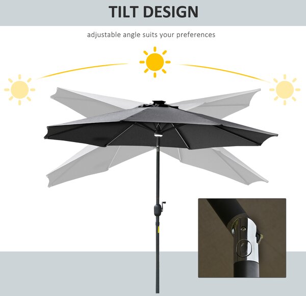 Outsunny 2.7m Garden Parasol Sun Umbrella Patio Summer Shelter w/ LED Solar Light, Angled Canopy Vent, Crank Tilt, Grey Aosom UK