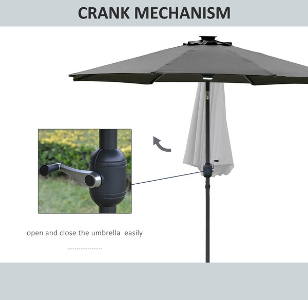 Outsunny 2.7m Garden Parasol Sun Umbrella Patio Summer Shelter w/ LED Solar Light, Angled Canopy Vent, Crank Tilt, Grey Aosom UK