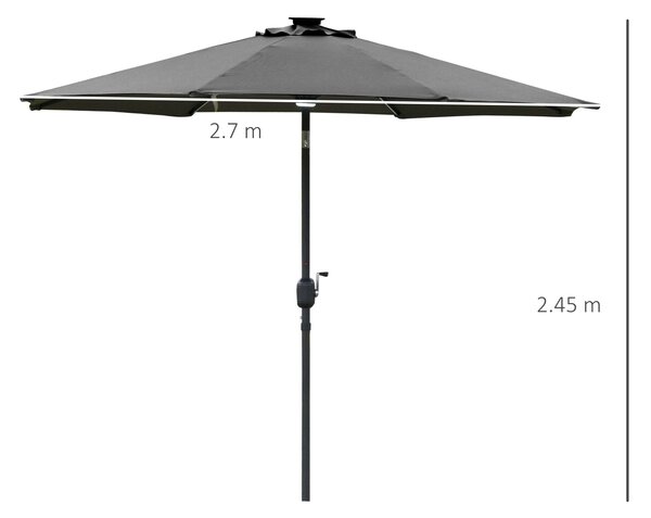 Outsunny 2.7m Garden Parasol Sun Umbrella Patio Summer Shelter w/ LED Solar Light, Angled Canopy Vent, Crank Tilt, Grey Aosom UK