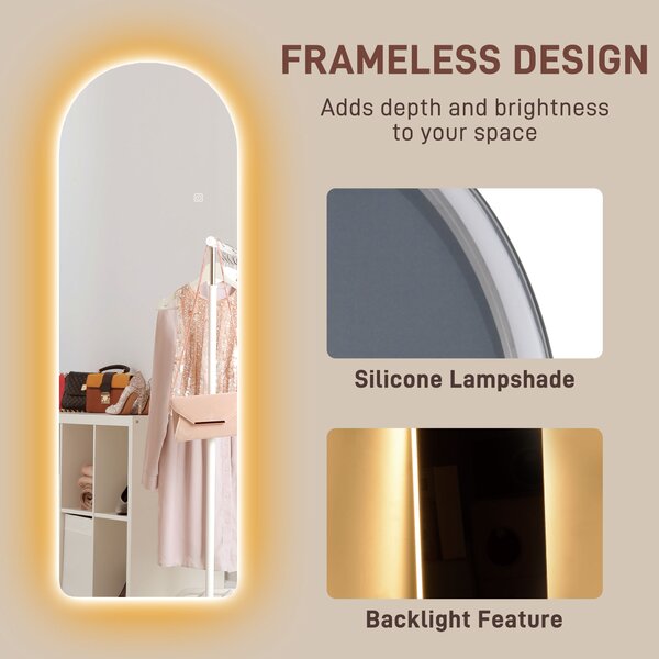 HOMCOM Arched Full Length Mirror with LED Lights, 120 x 40cm Backlit Frameless Wall Mirror with Dimming and 3 Colour Lighting for Living Room, Bedroom, Clear Aosom UK