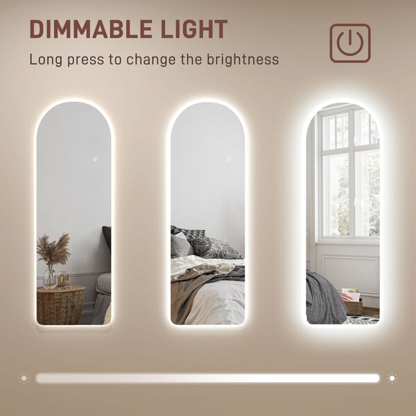 HOMCOM Arched Full Length Mirror with LED Lights, 120 x 40cm Backlit Frameless Wall Mirror with Dimming and 3 Colour Lighting for Living Room, Bedroom, Clear Aosom UK