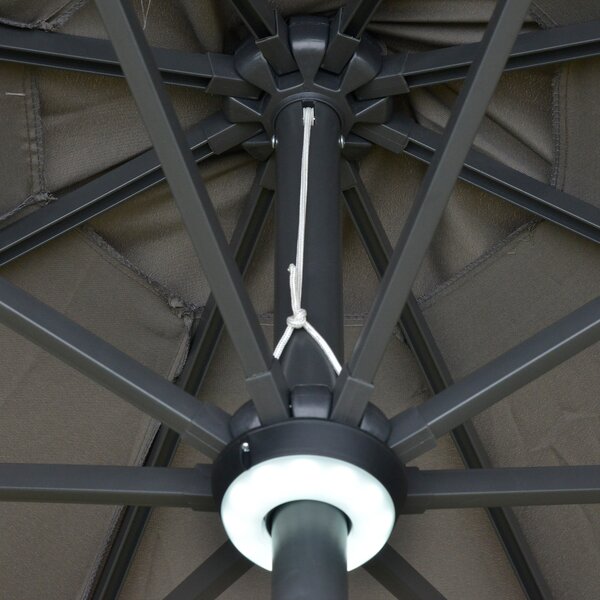 Outsunny 2.7m Garden Parasol Sun Umbrella Patio Summer Shelter w/ LED Solar Light, Angled Canopy Vent, Crank Tilt, Grey Aosom UK