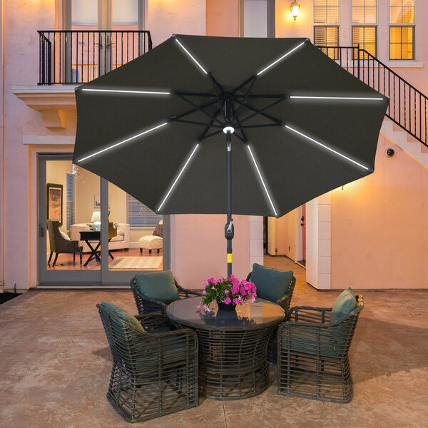 Outsunny 2.7m Garden Parasol Sun Umbrella Patio Summer Shelter w/ LED Solar Light, Angled Canopy Vent, Crank Tilt, Grey Aosom UK