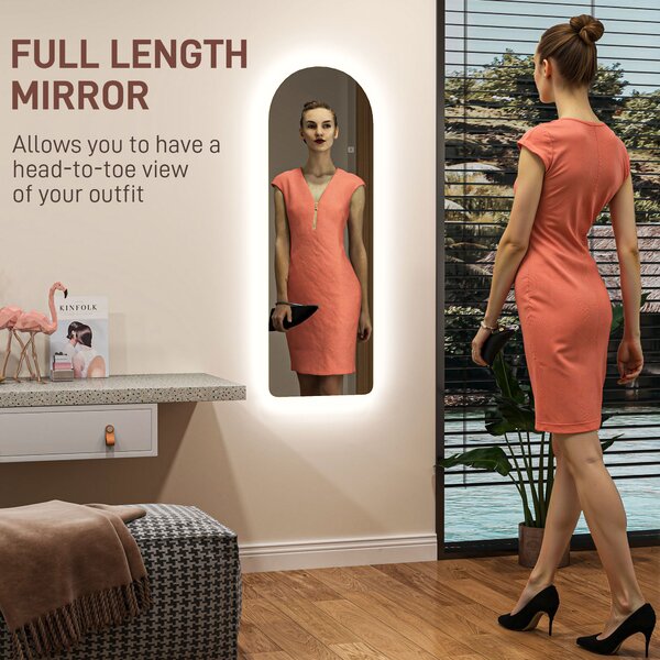 HOMCOM Arched Full Length Mirror with LED Lights, 120 x 40cm Backlit Frameless Wall Mirror with Dimming and 3 Colour Lighting for Living Room, Bedroom, Clear Aosom UK