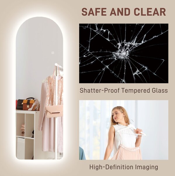 HOMCOM Arched Full Length Mirror with LED Lights, 120 x 40cm Backlit Frameless Wall Mirror with Dimming and 3 Colour Lighting for Living Room, Bedroom, Clear Aosom UK