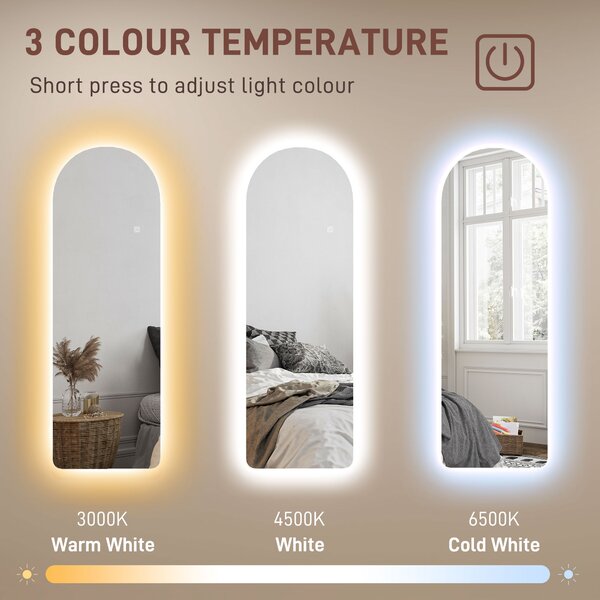 HOMCOM Arched Full Length Mirror with LED Lights, 120 x 40cm Backlit Frameless Wall Mirror with Dimming and 3 Colour Lighting for Living Room, Bedroom, Clear Aosom UK