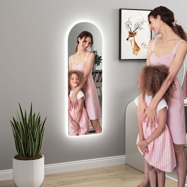 HOMCOM Arched Full Length Mirror with LED Lights, 120 x 40cm Backlit Frameless Wall Mirror with Dimming and 3 Colour Lighting for Living Room, Bedroom, Clear Aosom UK