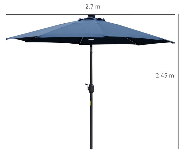 Outsunny 2.7m Garden Parasol Sun Umbrella Patio Summer Shelter w/ LED Solar Light, Angled Canopy, Vent, Crank Tilt, Blue