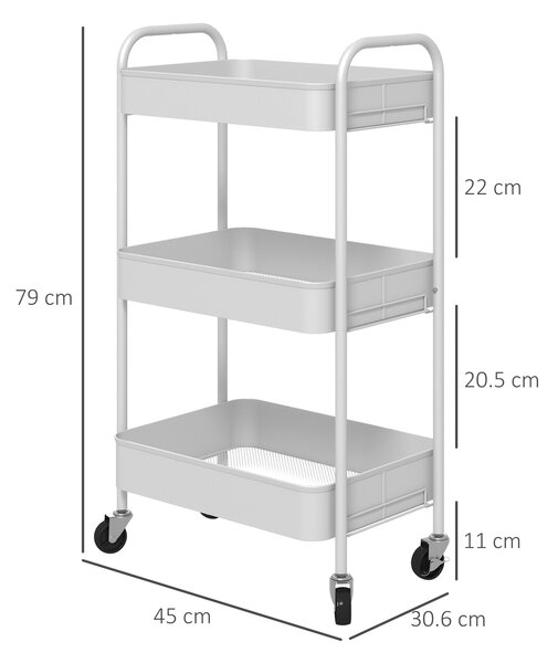 HOMCOM Three-Tier Steel Storage Trolley - White