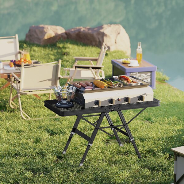 Outsunny 3 ft Folding Camping Table w/ Adjustable Heights, Outdoor Folding Picnic Table with Metal Mesh Desktop & Aluminium Legs, Portable Lightweight BBQ Table for Picnic, Garden, Party, Black