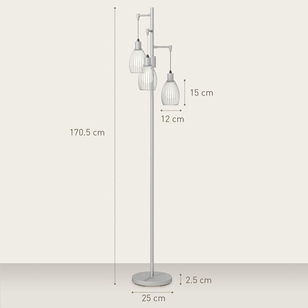 HOMCOM 170cm Industrial 3-Light Floor Lamp, Dimmable Standing Lamp with Steel Lampshades for Living Room, Bedroom, Dinging Room, Study, Silver Tone