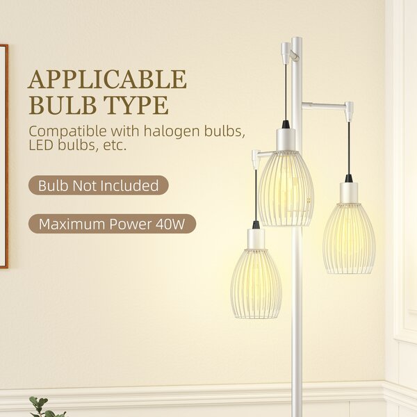 HOMCOM 170cm Industrial 3-Light Floor Lamp, Dimmable Standing Lamp with Steel Lampshades for Living Room, Bedroom, Dinging Room, Study, Silver Tone