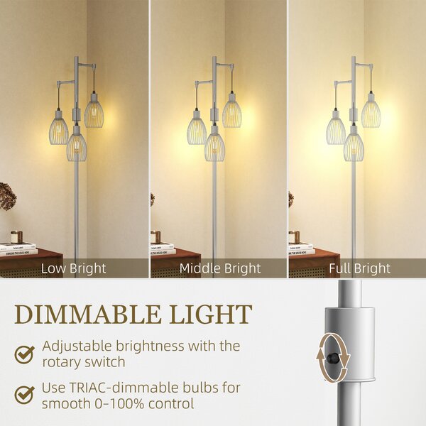 HOMCOM 170cm Industrial 3-Light Floor Lamp, Dimmable Standing Lamp with Steel Lampshades for Living Room, Bedroom, Dinging Room, Study, Silver Tone