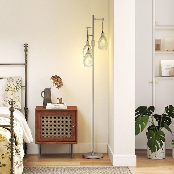 HOMCOM 170cm Industrial 3-Light Floor Lamp, Dimmable Standing Lamp with Steel Lampshades for Living Room, Bedroom, Dinging Room, Study, Silver Tone