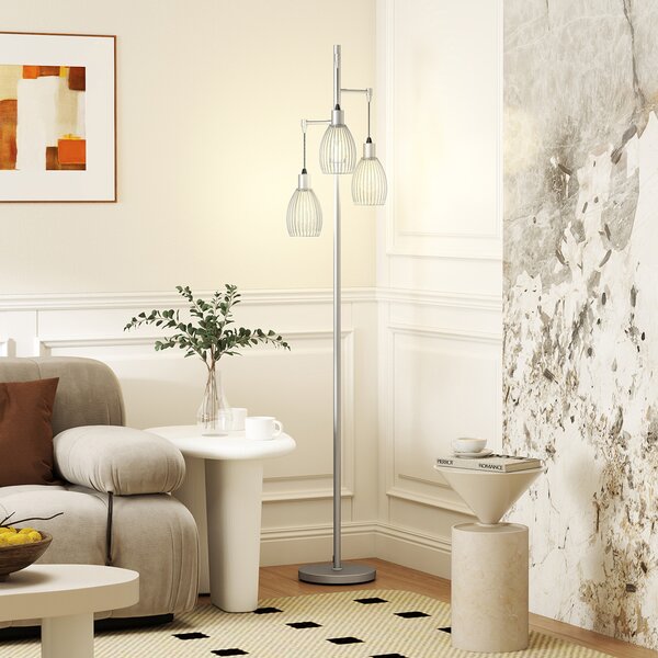 HOMCOM 170cm Industrial 3-Light Floor Lamp, Dimmable Standing Lamp with Steel Lampshades for Living Room, Bedroom, Dinging Room, Study, Silver Tone