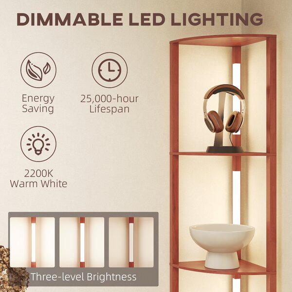 HOMCOM Corner Floor Lamp for Living Room Bedroom with Dimmable Warm White LED Light, Modern Tall Standing Lamp, Brown Aosom UK