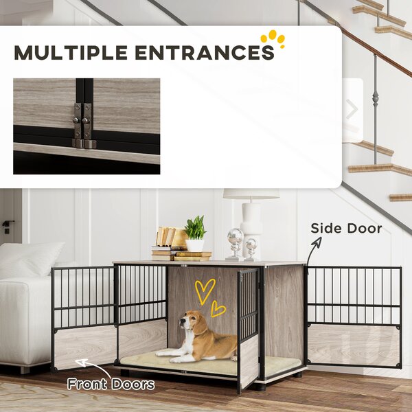 PawHut 100cm Furniture Style Dog Crate Dog Cage End Table Indoor with 3 Doors Soft Washable Cushion, for Large Sized Dogs Aosom UK