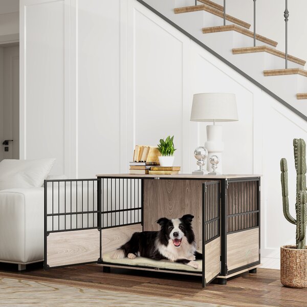 PawHut 100cm Furniture Style Dog Crate Dog Cage End Table Indoor with 3 Doors Soft Washable Cushion, for Large Sized Dogs Aosom UK