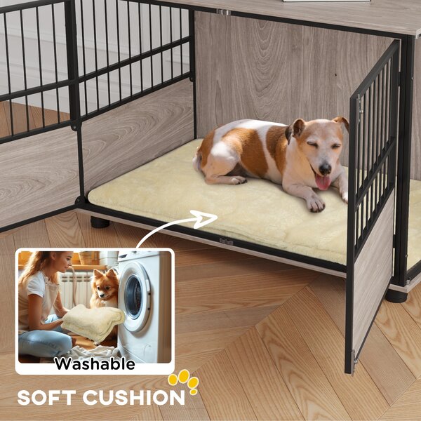 PawHut 100cm Furniture Style Dog Crate Dog Cage End Table Indoor with 3 Doors Soft Washable Cushion, for Large Sized Dogs Aosom UK