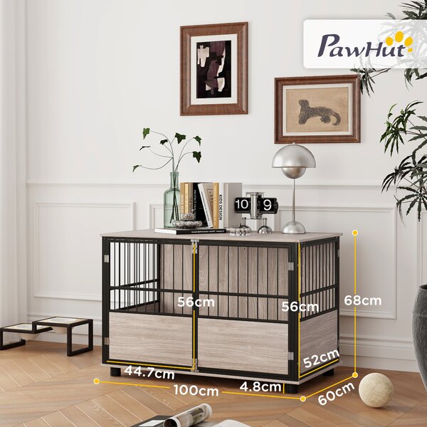 PawHut 100cm Furniture Style Dog Crate Dog Cage End Table Indoor with 3 Doors Soft Washable Cushion, for Large Sized Dogs Aosom UK