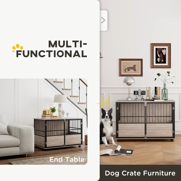 PawHut 100cm Furniture Style Dog Crate Dog Cage End Table Indoor with 3 Doors Soft Washable Cushion, for Large Sized Dogs Aosom UK