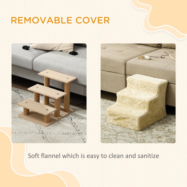 PawHut Dog Steps, Three-Step Dog Stairs with Washable Plush Cover, for High Bed Sofa, Dog Stairs for Small Dog and Cat - Beige Aosom UK