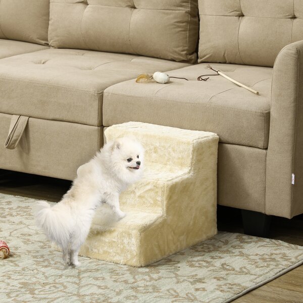 PawHut Dog Steps, Three-Step Dog Stairs with Washable Plush Cover, for High Bed Sofa, Dog Stairs for Small Dog and Cat - Beige Aosom UK