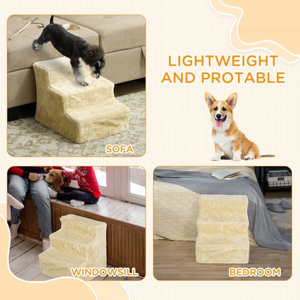 PawHut Dog Steps, Three-Step Dog Stairs with Washable Plush Cover, for High Bed Sofa, Dog Stairs for Small Dog and Cat - Beige Aosom UK