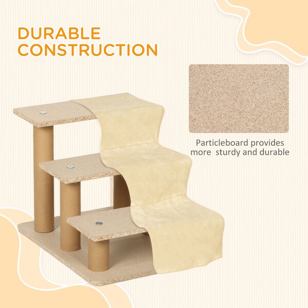 PawHut Dog Steps, Three-Step Dog Stairs with Washable Plush Cover, for High Bed Sofa, Dog Stairs for Small Dog and Cat - Beige Aosom UK