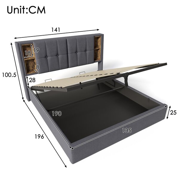 Upholstered Double Bed with Storage, Wooden Double Bed with Wireless Charging Headboard and Fast charging Ports, Hydraulic Storage Design, Grey Aosom UK