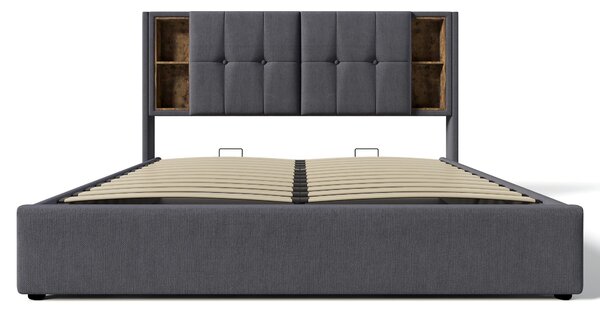 Upholstered Double Bed with Storage, Wooden Double Bed with Wireless Charging Headboard and Fast charging Ports, Hydraulic Storage Design, Grey Aosom UK