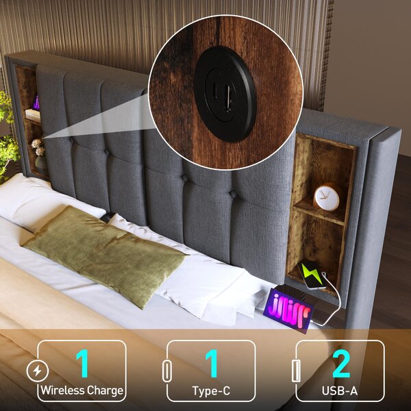 Upholstered Double Bed with Storage, Wooden Double Bed with Wireless Charging Headboard and Fast charging Ports, Hydraulic Storage Design, Grey Aosom UK