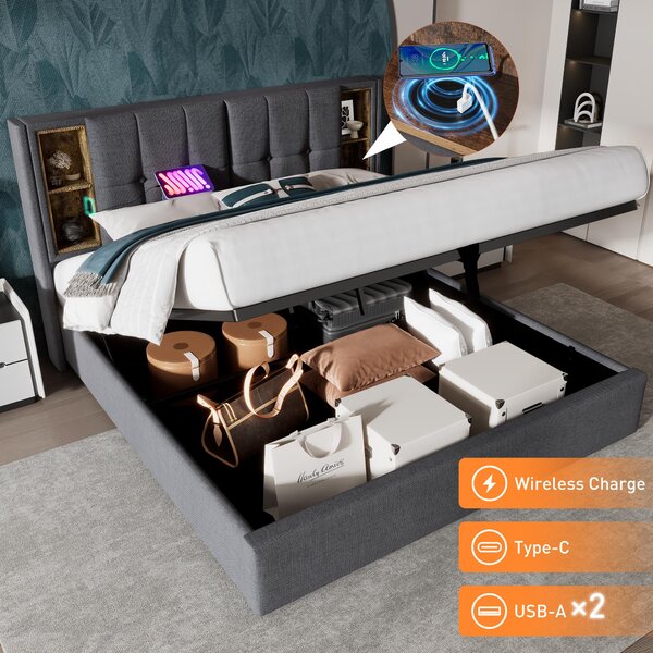 Upholstered Double Bed with Storage, Wooden Double Bed with Wireless Charging Headboard and Fast charging Ports, Hydraulic Storage Design, Grey Aosom UK