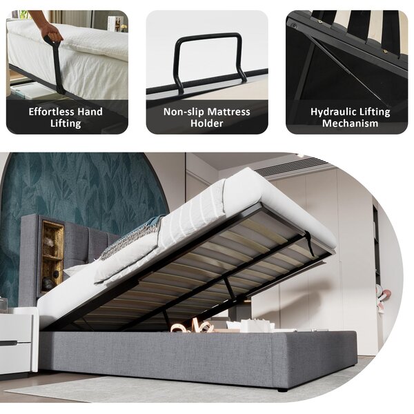 Upholstered Double Bed with Storage, Wooden Double Bed with Wireless Charging Headboard and Fast charging Ports, Hydraulic Storage Design, Grey Aosom UK