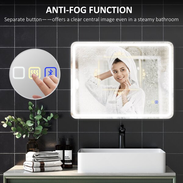 HOMCOM 60 x 80 cm Bluetooth LED Bathroom Mirror with Clock Anti-Fog - Silver Tone