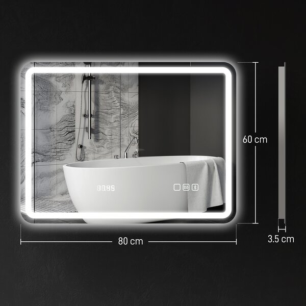 HOMCOM 60 x 80 cm Bluetooth LED Bathroom Mirror with Clock Anti-Fog - Silver Tone
