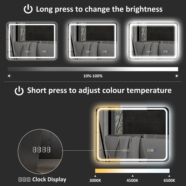 HOMCOM 60 x 80 cm Bluetooth LED Bathroom Mirror with Clock Anti-Fog - Silver Tone
