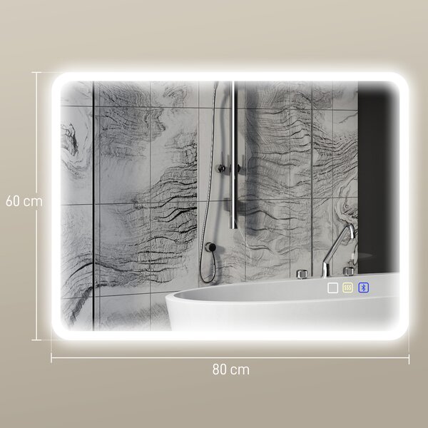 HOMCOM 60 x 80 cm Backlit Illuminated Bathroom Mirror with LED Lights and Bluetooth - Silver Tone