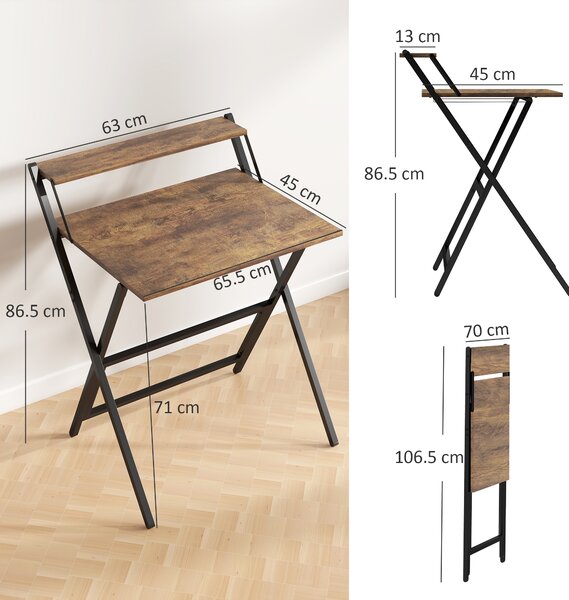 HOMCOM 70 cm Folding Computer Desk with Monitor Shelf - Rustic Brown