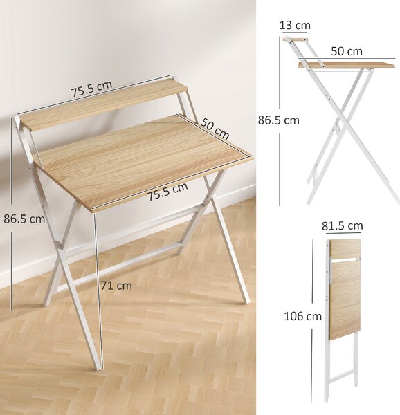 HOMCOM 81.5 cm Folding Computer Desk with Monitor Shelf - Natural Wood Finish
