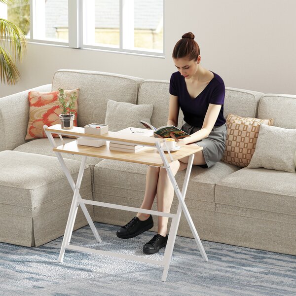 HOMCOM 81.5 cm Folding Computer Desk with Monitor Shelf - Natural Wood Finish