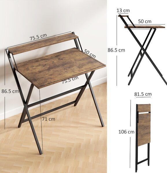 HOMCOM 81.5 cm Folding Computer Desk with Monitor Shelf - Rustic Brown