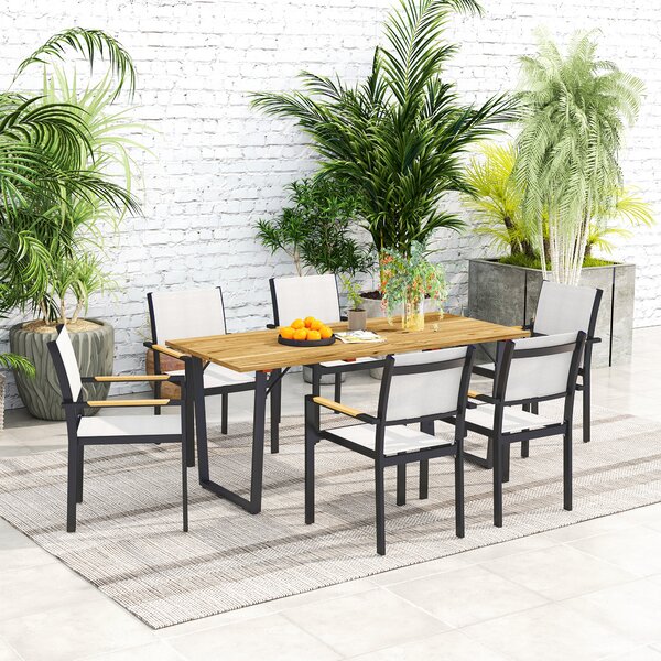 Outsunny Garden Table for 6, 175 x 80 cm Large Rectangle Outdoor Dining Table with 5cm Parasol Hole and Slatted Top, Weather Resistant Fir Wood Patio Table for Balcony, Terrace, Brown