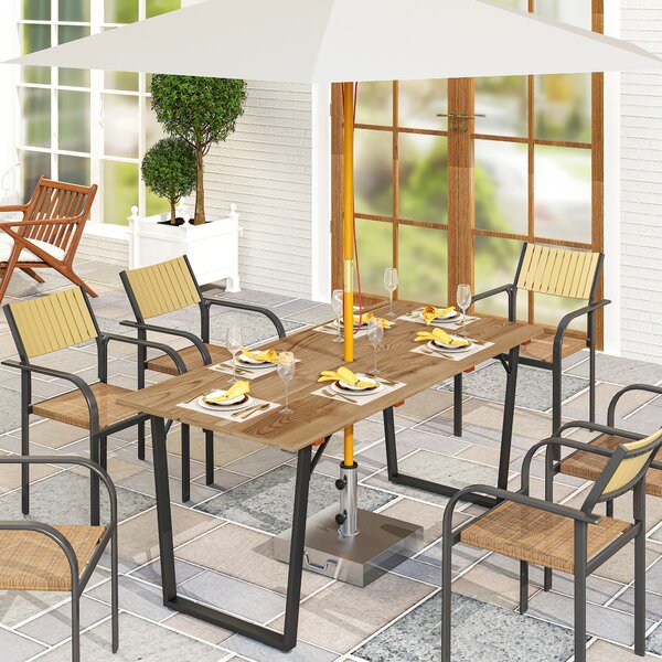 Outsunny Garden Table for 6, 175 x 80 cm Large Rectangle Outdoor Dining Table with 5cm Parasol Hole and Slatted Top, Weather Resistant Fir Wood Patio Table for Balcony, Terrace, Brown